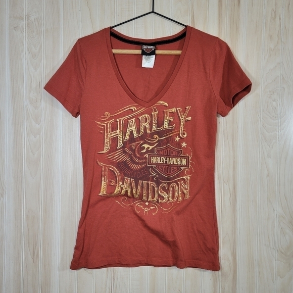 Harley Davidson Burnt Orange V-Neck Women’s Tee Sz Med - Picture 1 of 3